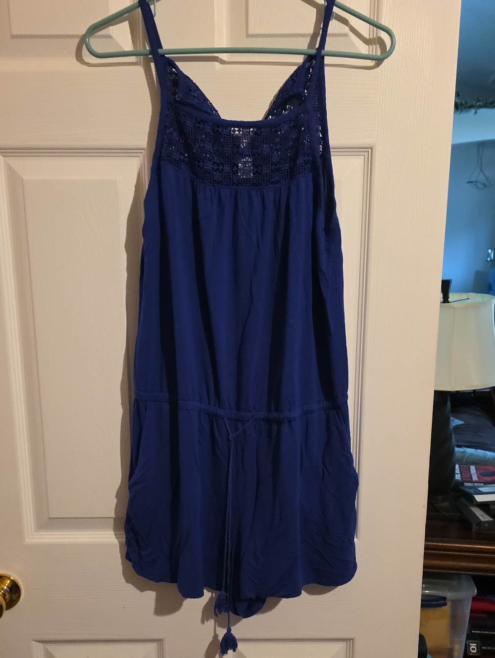 Crochet Yoke Spaghetti Strap Romper With Pockets